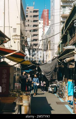 Persone lungo le strade del mercato di Tsukiji Foto Stock