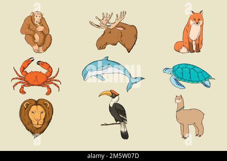 Set di adesivi colorati Vector Wild Animal Illustrazione Vettoriale