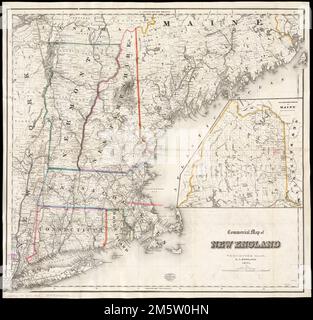 Mappa commerciale del New England. Rilievo mostrato da hachures. Primi meridiani: Greenwich e Washington. Mostra i confini di città e contea e le ferrovie. Confini di stato delineati a colori. Inset di continuazione: La parte settentrionale del Maine. Accompagnato dal censimento del New England 1860 - 1870 (18 p.)... Mappa tascabile dei viaggiatori commerciali del New England, New York orientale e Long Island : insieme ad un censimento completo degli stati del New England nel 1860 e nel 1870. Mappa tascabile dei viaggiatori commerciali del New England, New York orientale e Long Island : insieme ad un censimento completo degli stati del New England in Foto Stock