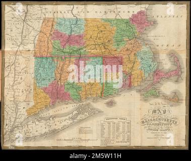 Mappa del Massachusetts, Connecticut e Rhode Island costruita dalle autorità più recenti. Rilievo mostrato in figura. Include la tabella statistica. Una delle prime mappe di contea e città per mostrare le ferrovie proposte nel New England. Indica la linea ferroviaria tra Schenectady e Albany, N.Y... , Massachusetts New England, zona Rhode Island Connecticut Foto Stock