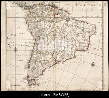 L'America del Sud divisa nelle sue PARTI principali DI IIII : i parte spagnola: Vizt. Firmland, Guiana, Perù, Chili, pt del paese delle Amazzoni, & Paraguay: III English pt vizt Magellanick-Land & pt of Firmland: IIII Dutch pt vizt pt of Firmland & ye isole. Rilievo mostrato in figura. Il titolo è parzialmente danneggiato. Catalogazione, conservazione e digitalizzazione rese possibile in parte dal National Endowment for the Humanities: Exploring the Human Endeavor. Parte del portafoglio composito atlas con il titolo "raccolta di vecchie mappe".. Raccolta di vecchie mappe. Collezione di vecchie mappe, Sud America Sud America Foto Stock