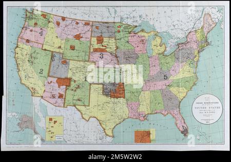 Mappa che mostra le prenotazioni indiane entro i limiti degli Stati Uniti, 1903. Include 3 inset: [Alaska] -- Mission Ind. Ris. In California -- [territorio indiano]. Distaccato dai rapporti annuali del Dipartimento dell'interno, 1903, Affari indiani (Washington, D.C. : Ufficio di stampa governativo, 1904). Primi meridiani: Washington e Greenwich.... , Stati Uniti Foto Stock