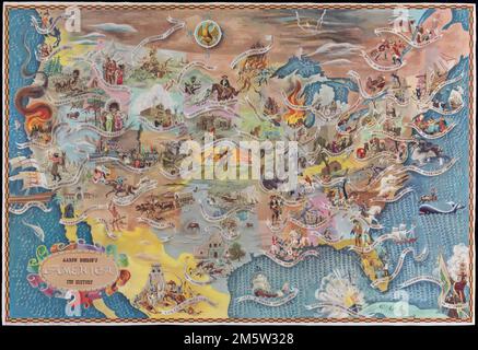 L'America di Aaron Bohrod, la sua storia. Mostra scene della storia americana con nomi di eventi storici sovrapposti su una mappa degli Stati Uniti. Illustrato... L'America, la sua storia. America, la sua storia, Stati Uniti Foto Stock