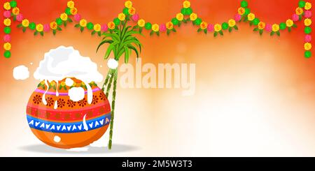 Happy Pongal South Indian Harvest Festival, Happy Pongal Celebration Banner Design sfondo, Illustrazione Vettoriale