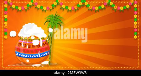 Happy Pongal South Indian Harvest Festival, Happy Pongal Celebration Banner Design sfondo, Illustrazione Vettoriale