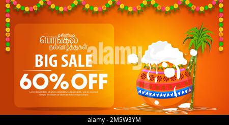 Happy Pongal Festival Offerta Vendita modello di sfondo Design con 60% di sconto - Big Pongal Offerta Vendita Design sfondo e Happy Pongal Traduci Tam Illustrazione Vettoriale