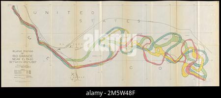 Posizioni relative del Rio Grande nei pressi di El Paso tra il 1852 e il 1907. Da arbitrato di Chamizal / Commissione di confine internazionale, Stati Uniti e Messico (Washington : Ufficio stampa del governo, 1911). Mostra la posizione del Rio Grande nel 1852, 1889, 1899 e 1907. Mostra anche ferrovie e depositi. “Riproduzione verificata dal Coast and Geodetic Survey, aprile 1911.”... , Messico , Chihuahua , Ciudad Juárez Texas , El Paso , contea , El Paso Grande, Rio , fiume Chamizal Foto Stock