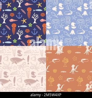 Animali subacquei senza cuciture pattern Set vettore Illustrazione Vettoriale