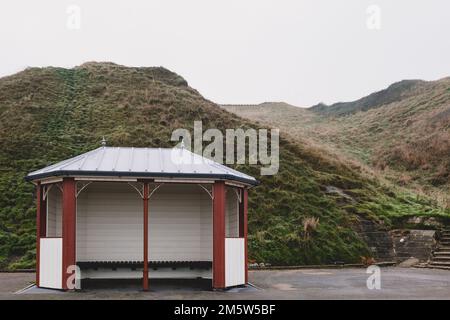 Un rifugio vittoriano sul mare a Saltburn-by-the-Sea in una giornata di inverno. Foto Stock