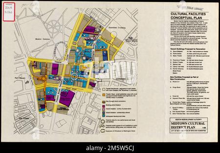 Piano concettuale delle strutture culturali. Descrive l'uso del terreno proposto nel distretto culturale Midtown del centro di Boston insieme alle raccomandazioni riguardanti specifici edifici esistenti e proposte per nuove strutture. Piano del distretto culturale di Midtown. Piano del distretto culturale di Midtown, Massachusetts, Suffolk, contea, Boston Foto Stock