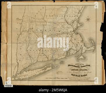 Schizzo degli stati del Massachusetts, Connecticut, e Rhode Island, e parti del New Hampshire & New York che espongono le varie strade ferroviarie completate, costruendo, noleggiato & contemplato : pubblicato da Order of the Legislature of Massachusetts, 1838. Mappa raffigura il New England meridionale mostrando fiumi, città e città principali, confini della contea, e linee ferroviarie.... , New England, area Foto Stock