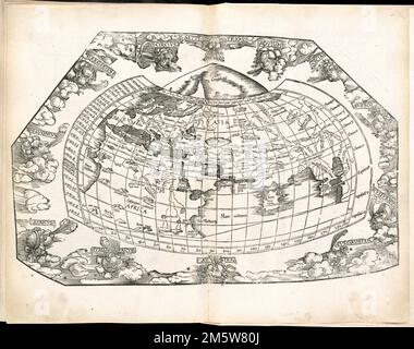[Il mondo]. Mappa dell'emisfero orientale che mostra l'Europa, l'Asia occidentale e l'Africa settentrionale. La mappa tolemaica di Waldseemüller del 1513, ridisegnata e ridotta in questa pubblicazione da Laurent Fries. Rilievo mostrato in figura. Include i nomi dei luoghi e le caratteristiche naturali. Il bordo della mappa mostra le teste dei venti decorative. Comprende note climatiche e latitudinali. Appare nella Geografia dell'autore, tradotta da Willibald Pirckheimer, con annotazioni di Joannes Regiontanus. Argentoragi [Strasburgo] : Iohannes Grieningerus, communibus Iohannis Koberger impensis excudebat, anno a Christi Natiuitate 1525 tert Foto Stock