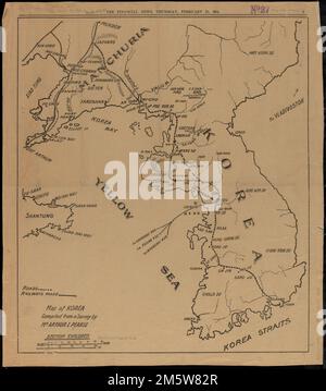 Mappa della Corea. Mostra le principali strade e ferrovie in Corea e in parte della Manciuria. Page 3 from the Financial News, Thursday, February 25, 1904. Testo sul verso.... , Corea del Nord Corea del Sud Cina , Manciuria , area Foto Stock