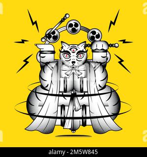 Bakeneko con batteria RAIJIN, elemento di gatto mostro giapponese su un vettore di sfondo giallo Illustrazione Vettoriale