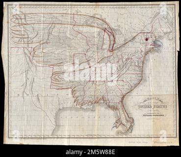 La mappa dell'aquila degli Stati Uniti. Rilievo mostrato in figura. Mostra l'immagine di un'aquila sovrapposta agli Stati Uniti. "Iscritto secondo atto del Congresso nel 1832 da J. Churchman nell'Ufficio del Clerk del Distretto orientale della Pennsylvania." Dai rudimenti del chman del Joseph della conoscenza nazionale : presentato ai giovani degli Stati Uniti e agli stranieri di richiesta. Filadelfia : E.L. Carey & A. Hart, 1833.. In questa mappa insolita, un'immagine pittorica - un'aquila -- era sovrapposta ad una mappa degli Stati Uniti. L'autore del libro di geografia di accompagnamento ha dichiarato che il th Foto Stock