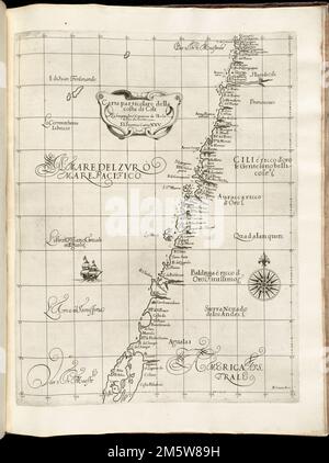 Carta particolare della costa di Cili. Copre la costa di una parte del Cile, con le città costiere, i porti, i venti dominanti, le correnti oceaniche, e deviazioni magnetiche della bussola. Profondità indicata dalle sonature. Primo meridiano: Pico. 'D'America carta XXV.' Nell'arcano del mare di Dudley, 1646-1647. Catalogazione, conservazione e digitalizzazione rese possibile in parte dall'Endowment Nazionale per le Scienze umanistiche: Esplorare lo sforzo umano.... , Cile Foto Stock