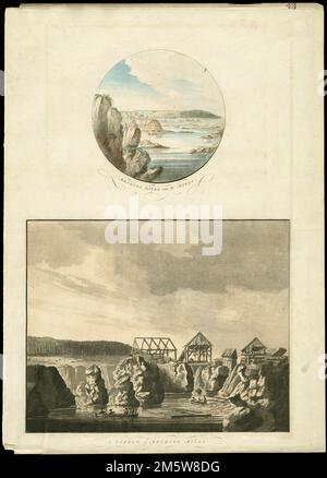 Mechios fiume vicino ai mulini : uno schizzo dei mulini Mechios. Appare nell'autore Atlantic Neptune, pubblicato per l'uso della Royal Navy of Great Britain. Londra : Joseph F.W. Des Barres, 1777-[1781]. Questa incisione della zona di Machias nella collezione Atlantic Neptune della Boston Public Library è stata colpita dalla targa tenuta dalla Massachusetts Historical Society. Nel 1770, sul fiume Machias furono costruiti diversi mulini, poiché la regione era ideale per la produzione di legname. Scoppiò un conflitto tra i residenti e la Marina britannica nel 1775, e molti marinai persero la vita. Ai primi di agosto Foto Stock