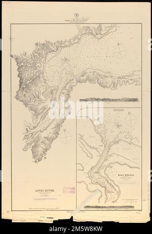 Africa--costa orientale, porti sulla costa di Zanzibar : da un sondaggio britannico da parte degli ufficiali di H.M.S. Nassau, 1874 : (ripubblicazione di British Admty. n° grafico 681.). Rilievo mostrato da hachures e altezze del punto. Profondità indicate da scandagli e isolini. Comprende 2 viste... Porti sulla costa di Zanzibar. Porti sulla costa di Zanzibar, Tanzania , Regione di Lindi , Lukuledi , fiume MTO Sudi Foto Stock