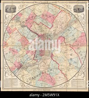 Mappa di Scattergood di sedici chilometri circa Filadelfia. Rilievo mostrato da hachures. Profondità indicate dalle sonature. Mostra le città, le città, la popolazione, le ferrovie, le vie navigabili, Paludi e distanze radiali da Broad & Market STS. Include il malato. Di Independence Hall e Girard Hall. Include un testo che descrive i luoghi di interesse e i depositi stradali del treno a vapore. "Iscritto secondo atto di Congresso nell'anno 1876 da SCATTERGOOD & VAN DERVEER presso l'ufficio del bibliotecario del Congresso a Washington, D.C.". Mappa di sedici chilometri circa di Philadelphia. Mappa di sedici miglia intorno a Philadelphia, Pennsylvan Foto Stock