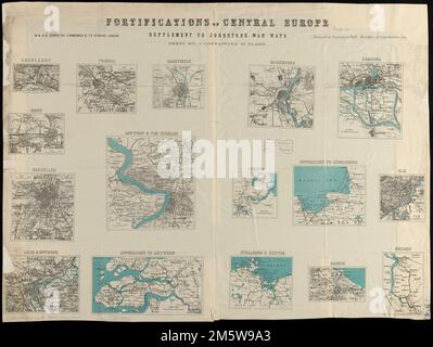 Fortificazioni dell'Europa centrale : foglio n. 2 contenente 16 piani. Rilievo mostrato da hachures. 'Supplemento alle mappe di guerra di Johnstons.'... , Belgio , Fiandre ,regione , Anversa ,provincia , Anversa Germania , Brema , Brema Belgio , Bruxelles-Capital Region ,region , Bruxelles Belgio , Vallonia ,region , Hainaut ,provincia , Charleroi Polonia , Danzig Germania , Amburgo , Amburgo Russia , Kaliningrad Belgio , Vallonia ,regione , Liegi ,provincia , Liegi Germania , Schleswig-Holstein , Lubecca Paesi Bassi , Limburgo , provincia , Maastricht Germania , Sassonia-Anhalt , ma Foto Stock