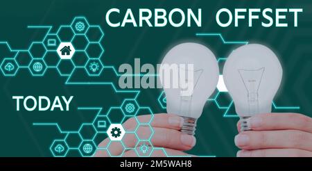 Segno che mostra offset carbonio. Parola scritta sulla riduzione delle emissioni di anidride carbonica o di altri gas Foto Stock