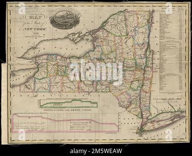 Mappa dello stato di New York. Primi meridiani: Washington e Greenwich. Include le mappe delle miglia 'guida dei viaggiatori', e i profili di elevazione dei canali Erie e Champlain e l'illustrazione.... , New York , Champlain Canal New York , Erie Canal Foto Stock