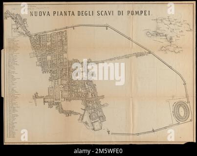 Nuova pianta degli scavi di Pompei. Include la chiave per i punti di interesse. Inset: [Neapolis e dintorni].... , Italia , Koni ,regione , Napoli ,provincia , Pompei ,area Foto Stock