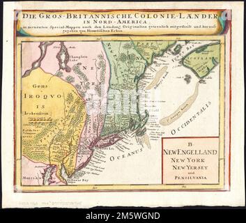 New Engeland, New York, New Yersey und Pensilvania. Una delle quattro mappe tagliate da una mappa più grande intitolata Dominia Anglorum in America settentrionali : specialibus mappis Londini primum a Mollio edita, nunc recusa ab Homannianis Hered. In alto margine: Gros-britannische colonie-Laender, in Nord America / in accurate Special-Mappen nach den London. Unternehmensberatung von Erben. Mostra confine di East e West Jersey a partire da o prima 1702... B New Engeland, New York, New Yersey und Pensilvania Gros-britannische Colonie-Laender, in Nord America. B Nuova Engelà Foto Stock