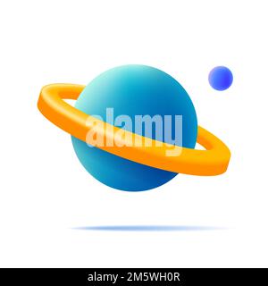 Icona pianeta Saturno con anello intorno. 3d rendering globo con satellite, isolato Illustrazione Vettoriale