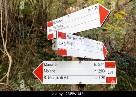 Cartello con più frecce. Mostra indicazioni e destinazioni in natura. Viaggi, all'aperto. Foto Stock