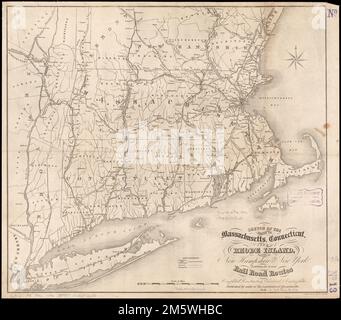 Schizzo degli stati del Massachusetts, Connecticut, e Rhode Island, e parti del New Hampshire & New York che espongono le diverse strade ferroviarie completate, la costruzione, charter & contemplato.. Mappa generale che mostra i confini di drenaggio, città, città, stato e contea... , Massachusetts New England, zona Rhode Island Connecticut Foto Stock