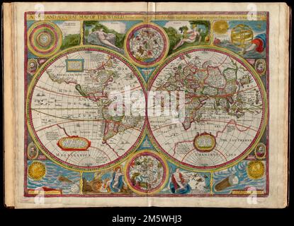 Una nuova e accurata mappa del mondo : drawne secondo voi le descrizioni più veritiere le ultime scoperte e le migliori osservazioni yt hanno beene fatto da inglesi o stranieri, 1651. Rilievo mostrato in figura. Testo sul verso intitolato la descrizione generale del mondo; p. 1-2; firma della tipografia A. comprende vignette dei 4 elementi come figure allegoriche, ritratti di 4 circumnavigatori, carte degli emisferi celesti nord e sud, un diagramma geocentrico dei cieli e degli elementi, E illustrazioni di Una figura della sfera, dell'eclissi del sunne e dell'eclissi della luna. Mostra Calif Foto Stock