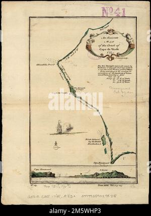 Una mappa accurata della costa di Capo Verde. Rilievo mostrato in figura. Numerato N. 49, piastra XXVII, Vol. 2. pag. 245. Include vista costiera di Cape Emanuel a I. Goree. Appare in John Green's Una nuova collezione generale di viaggi e viaggi; costituito dalle più stimate relazioni ... Londra: Stampato per Thomas Astley, 1745-1747.... , Senegal , Dakar , regione , Vert, Cap Foto Stock