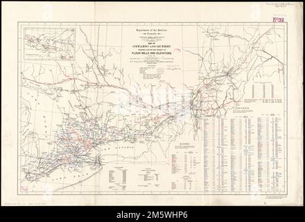 Mappa di Ontario e Quebec che mostra la posizione e la capacità di mulini e ascensori. Include statistiche e indice di mulini a farina ed ascensori. Inset: Ontario settentrionale.... , Canada , Quebec , provincia Foto Stock
