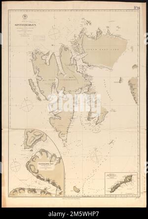 Mar Artico, Spitzbergen : dall'indagine svedese del 1861 al 1864, corretta dalle esplorazioni tedesca e norvegese al 1872. Rilievo mostrato da hachures e altezze del punto. Profondità indicate dalle sonature. Insets: Baia di Magdalena e il Gat del Sud -- il mare della Groenlandia, Jan Mayen Id... Spitzbergen. Spitzbergen, Svalbard ,territorio , Spitsbergen ,isola , Spitsbergen ,area Foto Stock