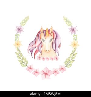 Acquerello carta unicorno disegnata a mano con corona di fiori, creatura animale fiaba, clip art magica, isolato su sfondo bianco. BI Foto Stock