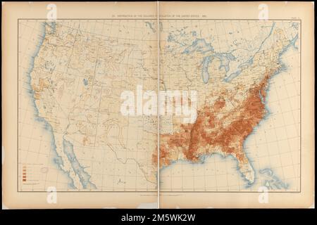 Distribuzione della popolazione colorata degli Stati Uniti : 1890. Da atlante statistico degli Stati Uniti: Basato sui risultati dell'undicesimo censimento / da Henry Gannett. Washington : Ufficio stampa governativo, 1898. "Piastra 10.". L'America si è trasformata: La popolazione afro-americana è cresciuta da 4,4 milioni all'inizio della guerra civile a 7,5 milioni nel 1890, rappresentando il 12% della popolazione totale del paese. Questa mappa dell'atlante statistico che utilizza i dati del censimento del 1890 impiega sei tonalità di marrone per indicare la distribuzione e la densità della popolazione. La maggior parte degli afroamericani rimasero io Foto Stock