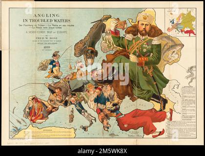 Pesca in acque tormentate = der fischfang im truben = la peche en eau trouble = la pesca nelle acque acque turbe : una mappa serio-comica dell'Europa. Gli atteggiamenti politici nazionali sono rappresentati da caricature di persone, animali, ecc. Include il testo e l'inset di "Mappa chiave dell'Europa". I confini politici e le lotte di potere definiscono questo lavoro. La “mappa serio-comica” del 19th° secolo fa caricaturizzare ogni paese europeo come un pescatore, tenendo un sacco con la sua cattura imperiale, o sul punto di perdere ciò che ha catturato. Questo tipo di mappa “persuasiva” infl serve da allegoria per l’interferenza coloniale europea altrove Foto Stock
