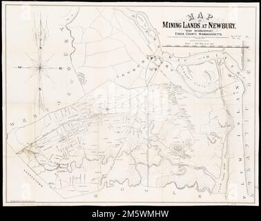 Mappa delle terre minerarie a Newbury, vicino a Newburyport, contea di Essex, Massachusetts. Mappa catastale. Rilievo mostrato da hachures. Mostra i confini delle proprietà o gli edifici con i nomi dei proprietari terrieri, delle stazioni minerarie e delle ferrovie. 'Entrato secondo atto del Congresso da N. Little, Jr. Nell'Ufficio del bibliotecario del Congresso, Washington D.C. nell'anno 1875.'... , Massachusetts , Essex , contea , Newbury Foto Stock
