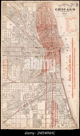 Mappa guida di Chicago, 11th ottobre 1871. La sovrastampa rossa mostra un'estensione di 1871 incendi, ferrovie e hotel. Orientato con nord in alto a destra. Include la chiave per gli hotel e le pubblicità per le ferrovie. L'America si trasformò: Nel 1870, la popolazione di Chicago si avvicinò a 300.000, rendendola la quinta città più grande della nazione. Questa mappa guida, pubblicata subito dopo il Grande incendio di Chicago, sovrappone l'area bruciata al modello stradale affollato. L'incendio è iniziato a sud-ovest del centro città e bruciato oltre 2.000 ettari, notato dalla zona ombreggiata rossa. Un forte vento sud-ovest, strutture in legno, ed estate Foto Stock
