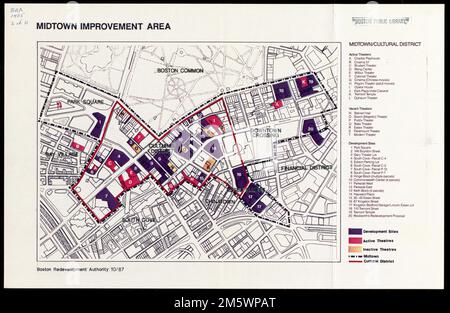 Area di miglioramento del centro città. Accompagna "materiali di Briefing: Piano del distretto culturale di midtown: Lavori in corso soggetti a revisione da parte della comunità". Mostra siti di sviluppo, teatri attivi e teatri inattivi. Include la chiave per i numeri teatri attivi, teatri vuoti e siti di sviluppo.... , Massachusetts , Suffolk , contea , Boston Downtown Boston Foto Stock