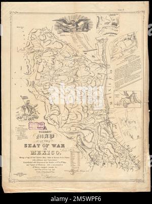 Una mappa corretta della sede di guerra in Messico : essere una copia di Genl. Mappa di Arista, presa a Resaca de la Palma, con aggiunte e correzioni ; abbellita da diagrammi delle battaglie del 8th e 9th maggio, e cattura di Monterey, con un memorandum di forze impegnate, risultati, &c. E pianta di vera Cruz e il castello di San Juan de Ulua. Rilievo mostrato da hachures. Profondità indicate dalle sonature. Mostra la parte del Messico coinvolta nella battaglia di Monterrey con note storiche: Città, strade, fiumi e movimento delle truppe. Include 2 illustrazioni: Aquila americana alla testa di 'Tabella delle distanze,' e cavalryman Foto Stock