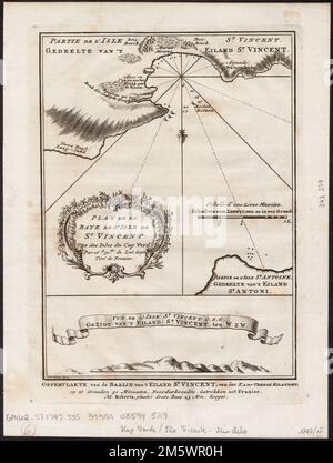 Oppervlakte van de baaije va non eiland St.. Vincent, een der Kabo-Verdse Eilanden, op 16 graaden 50 minuuten, noorderbreedte ; Gezigt va't eiland St. Vincent, TEN w.z.W. = Plan de la baye de l'Isle de St. Vincent une des isles du Cap Verd par 16 d. 50 m. de lat. set. ; Vue de l'Isle St Vincent o.s.o. Orientato con nord verso il basso. Rilievo mostrato da hachures. Profondità indicate dalle sonature. Da: Historische beschryving der reisen, volume 3, tra le pagine 234 e 235. In francese e olandese.... , Capo Verde , Mindelo Foto Stock