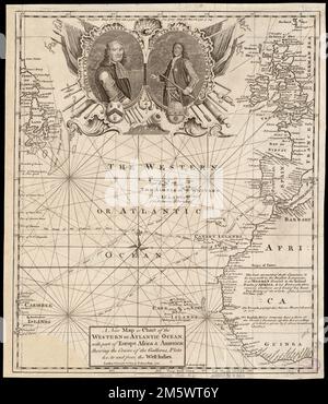 Una nuova mappa o mappa dell'Oceano Atlantico o occidentale, con parte dell'Europa Africa & America : che mostra il corso dei galeoni, flota & c. Da e per le Indie Occidentali. Mostra l'Oceano Atlantico settentrionale con rotte per la Spagna e l'Inghilterra dall'America Latina. Profondità visualizzate dall'ombreggiatura. Appare nella rivista Gentlemen's Magazine. Londra. Vol. 10, 1740. Include cartouche con ritratti: 'Robert Blake Admiral of England &c. 1650' e 'Edward Vernon Esqr. Vice ammiraglio dei Blu 1740.» Catalogazione, conservazione e digitalizzazione rese possibile in parte dal National Endowment for the Humanities: Exploring the Human e Foto Stock