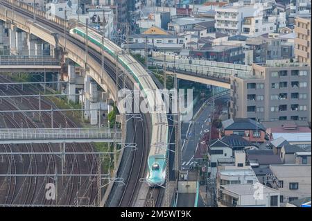 Tokyo, Giappone. 10th Nov 2022. Un treno superveloce JR Shinkansen Limited Express passa da Oji nella citta' di Kita vicino al confine Tokyo-Saitama. Lo Shinkansen è il più sicuro sistema di trasporto pubblico interurbano ad alta velocità ferroviario rapido di transito nel mondo, senza alcun costo operativo per i suoi quasi 50 anni di storia.il Giappone ha recentemente riaperto al turismo dopo oltre due anni di divieti di viaggio a causa della pandemia COVID-19. Lo Yen si è notevolmente deprezzato nei confronti del dollaro USA, creando turbolenze economiche per il commercio internazionale e l'economia giapponese. Anche il Giappone ora sta vivendo un conteggio quotidiano di Foto Stock