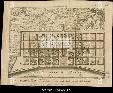 Piano di New Orleans, la capitale della Louisiana. Orientato con nord verso l'alto a destra. Sopra la linea ordinata al centro: Inglese per il London Mag. Da: Rivista London, aprile 1761.... , Louisiana , Orleans , contea , New Orleans Foto Stock