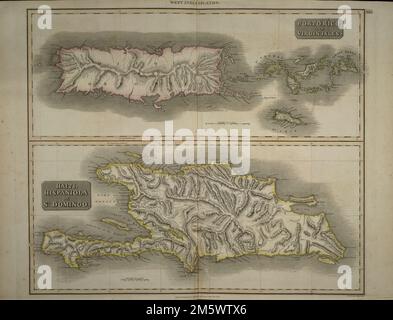 Porto Rico e Isole Vergini : Haiti, Hispaniola o St. Domingo. Rilievo mostrato da hachures. "Disegnato e inciso per Thomas" New General Atlas, febbraio 1815." Appare nel nuovo atlante generale di Thomson. Edimburgo. 1817.. Questa mappa combinata di Puerto Rico, le Isole Vergini e Hispaniola è stata pubblicata nell'edizione 1817 del "nuovo Atlante Generale" di Thomson. Anche se in questo periodo Porto Rico e la metà orientale di Hispaniola erano entrambi saldamente nelle mani degli spagnoli, le parole Taino per le grandi isole sono date accanto ai loro nomi spagnoli -- 'Boiiquá e 'Haiti.' Queste mappe sono principalmente topogra Foto Stock