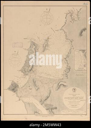 Sud America-- costa occidentale, Cile, Concepcion Bay : da indagini britanniche e francesi. Rilievo mostrato da hachures e altezze del punto. Profondità indicate da scandagli e isolini. Inset: Tomé Bay... Concepcion Bay. Concepcion Bay, Cile , Biobío , regione , Concepción, Bahía , baia Foto Stock