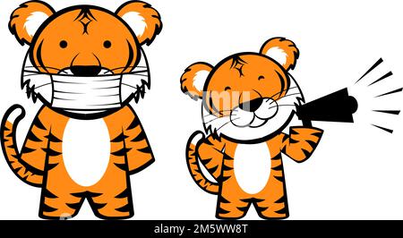 le espressioni carine del cartone chibi tiger impostano l'illustrazione in formato vettoriale Illustrazione Vettoriale