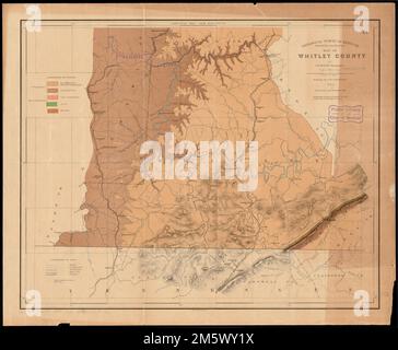 Mappa della contea di Whitley. Da accompagnare: Rapporto sulla geologia della Contea di Whitley e una parte di Pulaski, con mappa e illustrazioni / A.R. Basamento. Frankfort, Ky.: Geological Survey of Kentucky, [1889]. (Rapporti geologici vari (Kentucky Geological Survey); ser. 2, v. 11). Un primo stato di hoeing 1889 mappa. Questo stato indica correttamente J.B., non "J.R." e visualizza la "Convenzione dei colori" in alto a sinistra. Include l'area ad ovest del fiume Cumberland fino alla Cincinnati Southern Railroad ed etichettata come Pulaski County, inclusa nell'attuale McCreary County. Scarico Sho Foto Stock